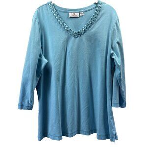 Quacker Factory Women's Top XL Solid Blue Stone Embellished V Neck 3/4 Sleeves